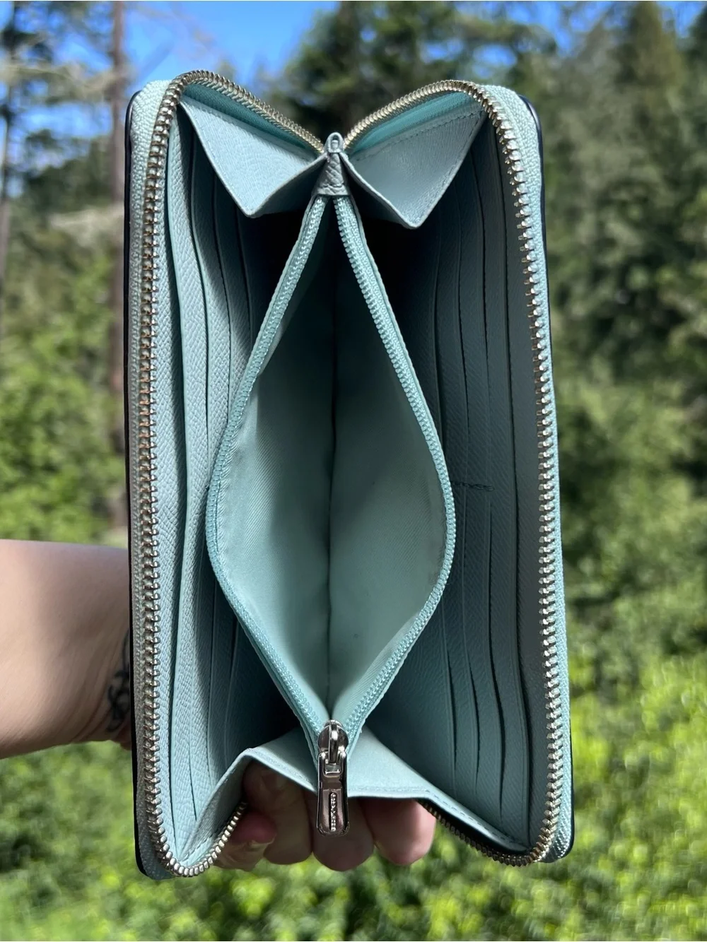 COACH Long Zip-Around Pebble Leather Wallet Sea Foam Green with Silver Hardware
